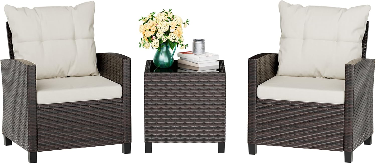 Outdoor Furniture Cushions - 베이지색 컴팩트 3피스 라탄 위커 현관