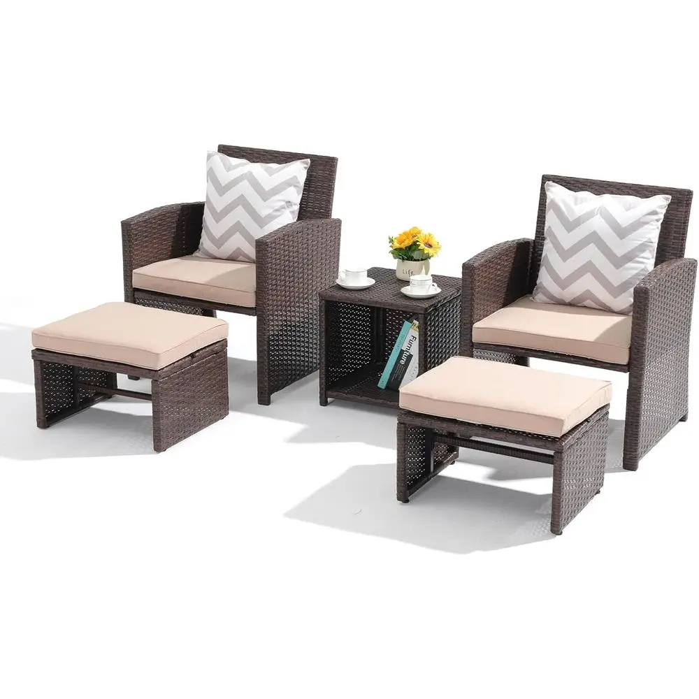 Outdoor Furniture Balcony - 쿠션, 갈색 고리버들 의자 및 오토만이