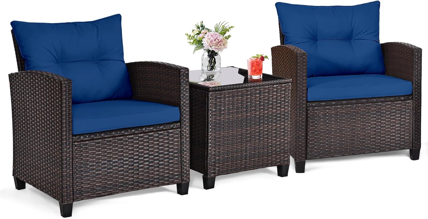 Outdoor Furniture Cushions - 네이비 블루 라탄 위커 3피스 야외