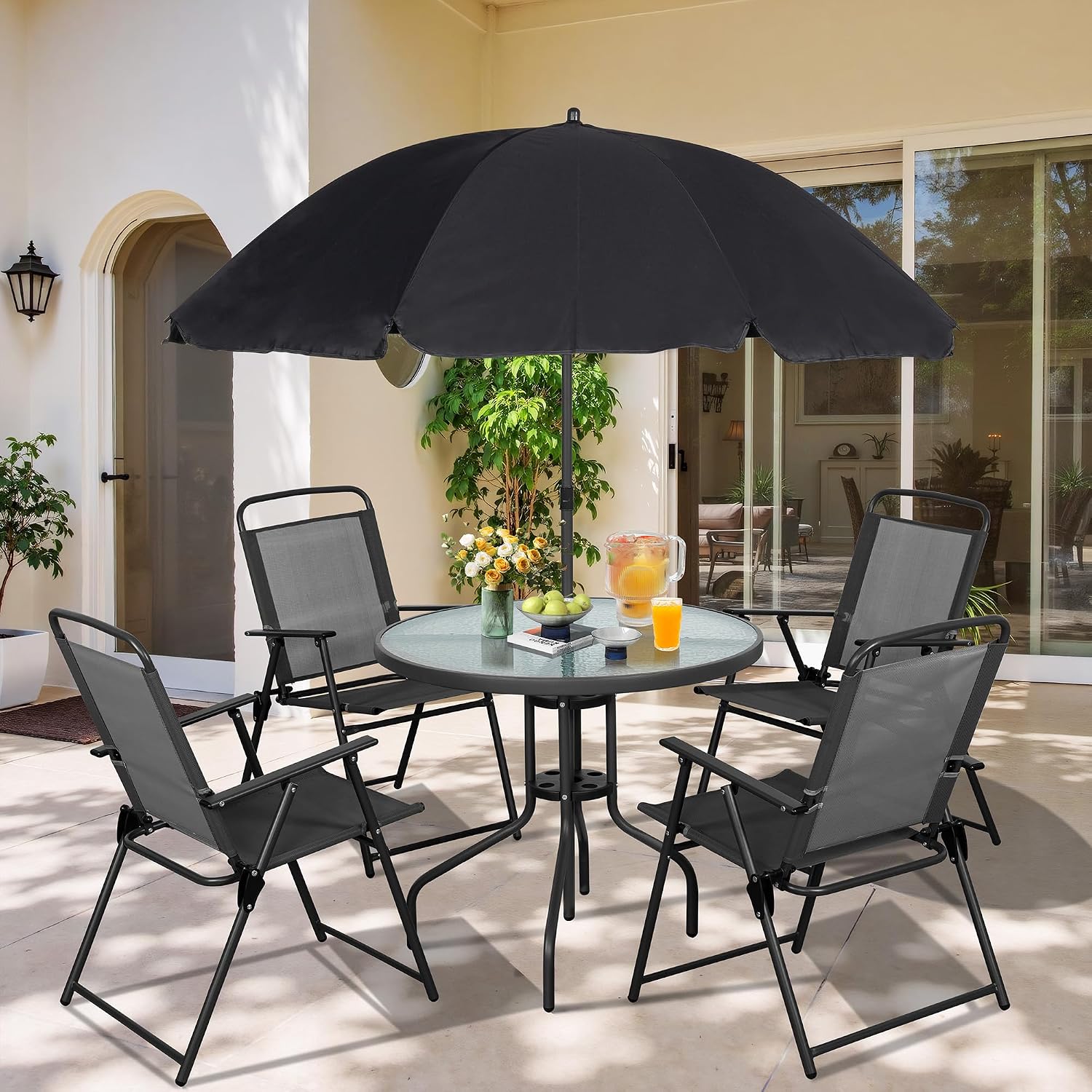 금속 파티오 식탁 세트, 접이식 의자 및 강화 유리 테 - Outdoor Furniture Bali 리뷰 및 가격