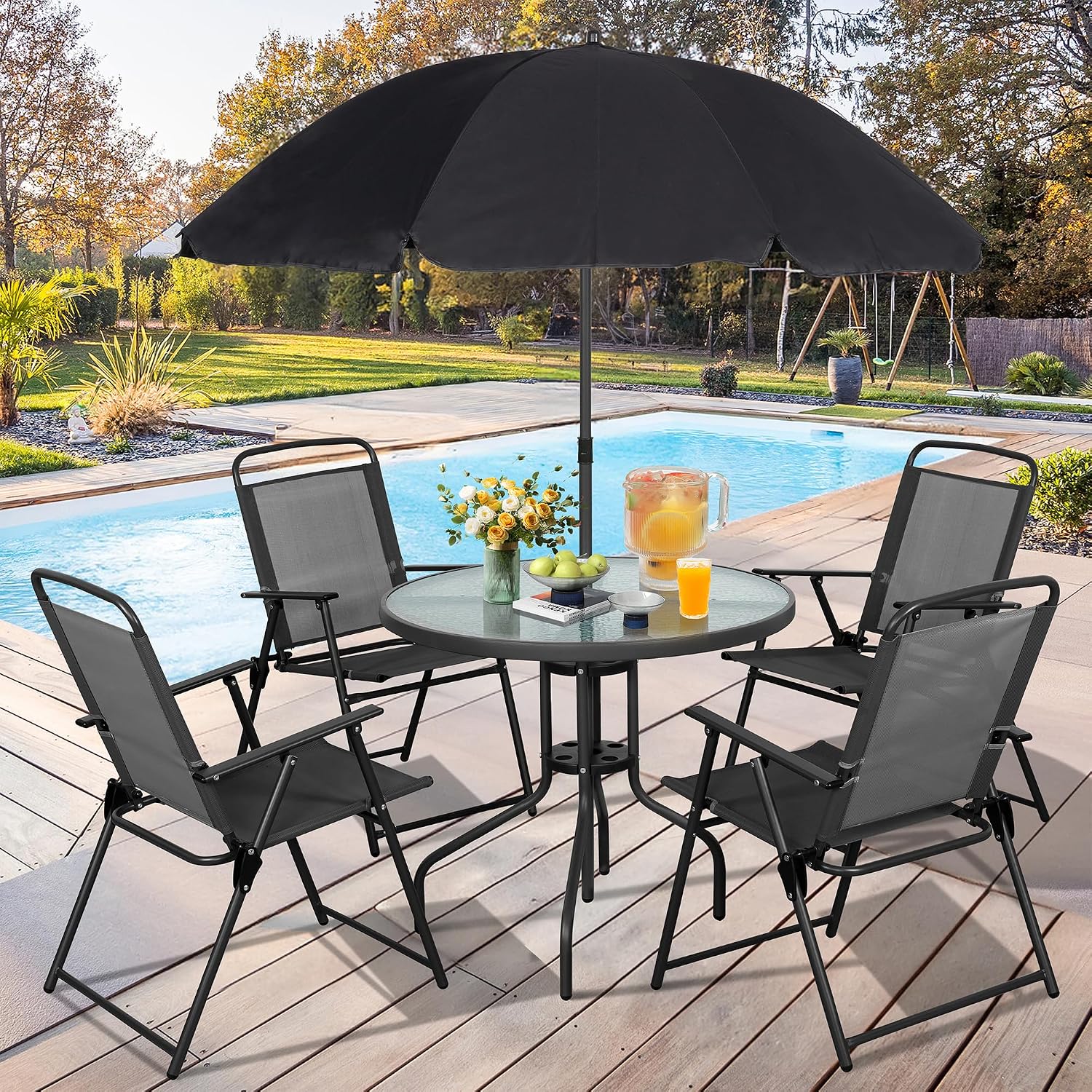 금속 파티오 식탁 세트, 접이식 의자 및 강화 유리 테 - Outdoor Furniture Bali 리뷰 및 가격