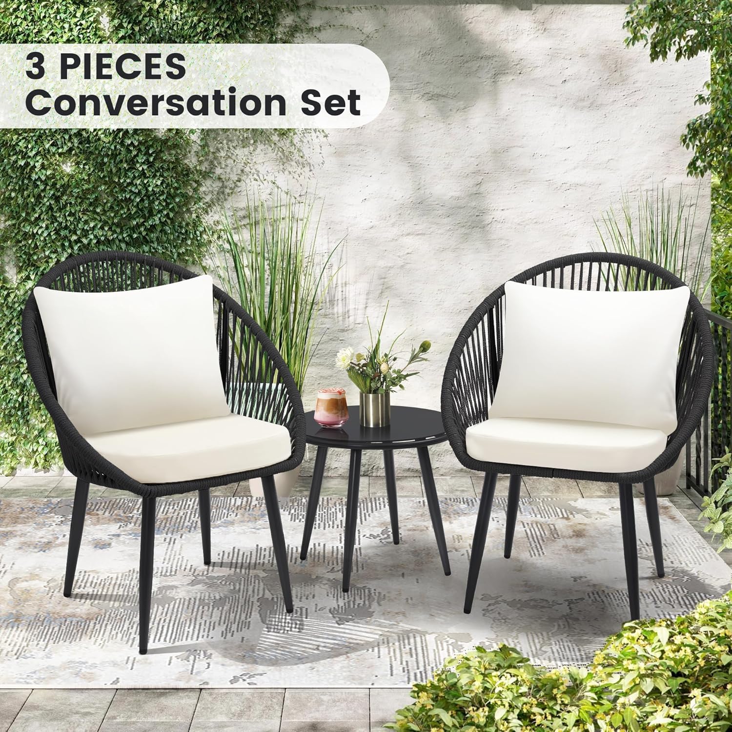 3피스 비스트로 세트, 쿠션이 있는 직조 로프 의자,  - Outdoor Furniture Bali 리뷰 및 가격