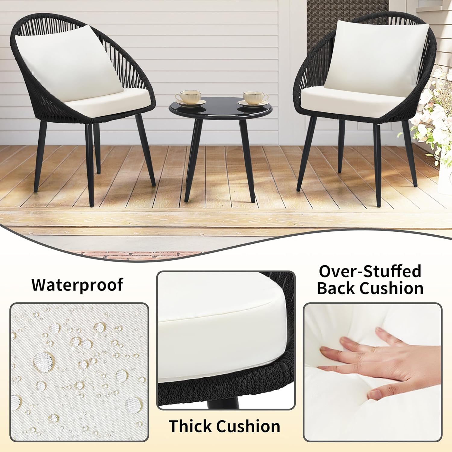 3피스 비스트로 세트, 쿠션이 있는 직조 로프 의자,  - Outdoor Furniture Bali 리뷰 및 가격