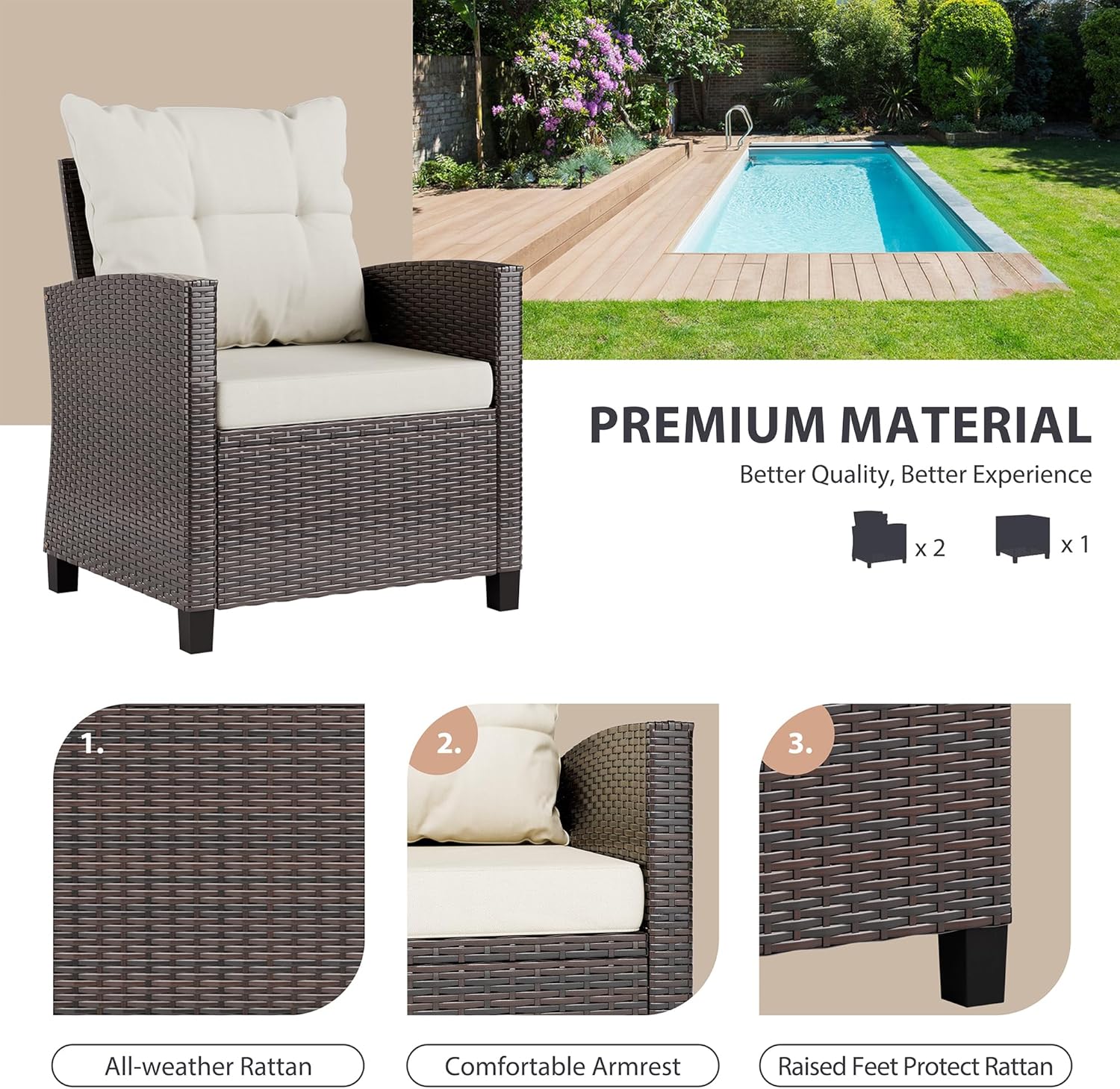 베이지색 컴팩트 3피스 라탄 위커 현관 비스트로 세트( - Outdoor Furniture Cushions 리뷰 및 가격