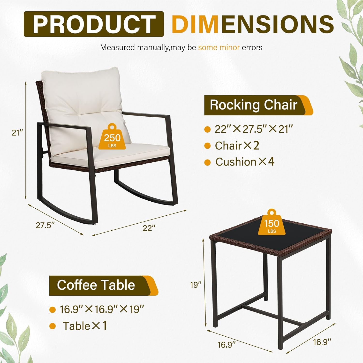3피스 파티오 비스트로 세트 야외 흔들의자 세트 갈색  - Outdoor Furniture On Sale 리뷰 및 가격