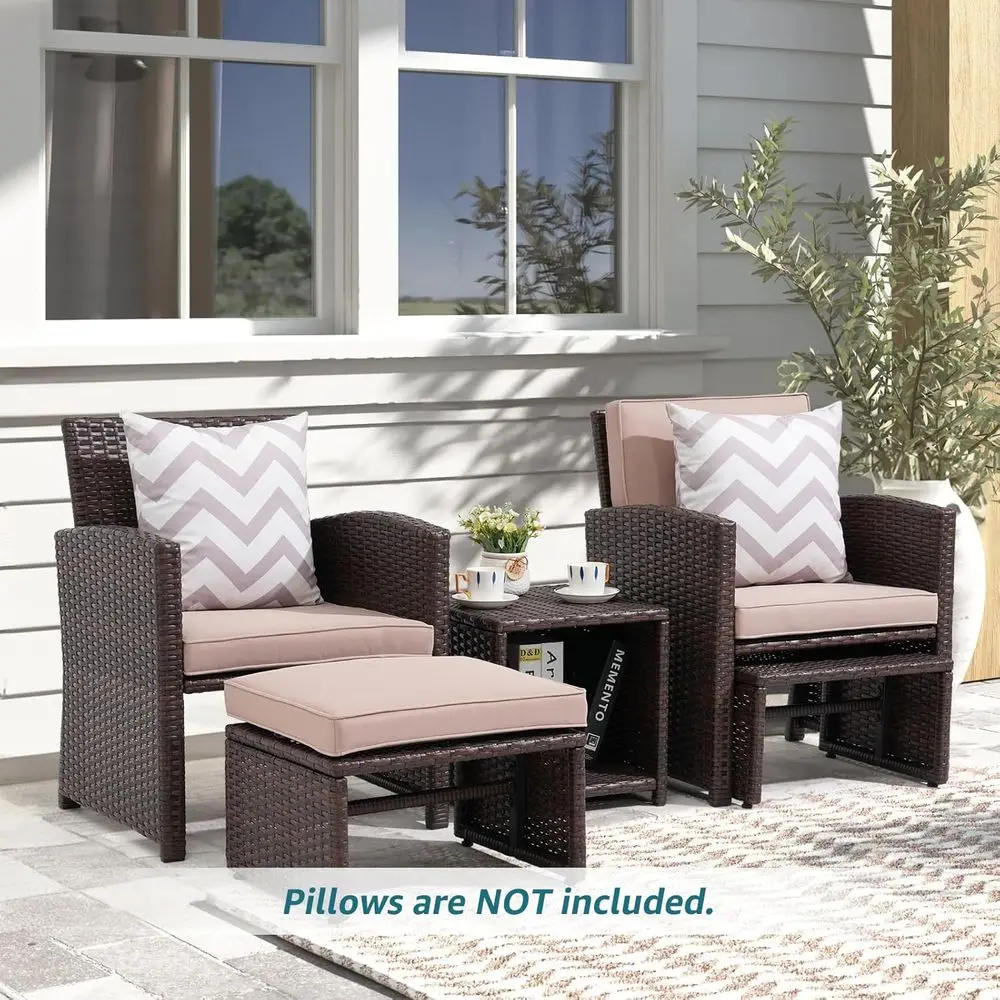 쿠션, 갈색 고리버들 의자 및 오토만이 포함된 5피스  - Outdoor Furniture Balcony 리뷰 및 가격
